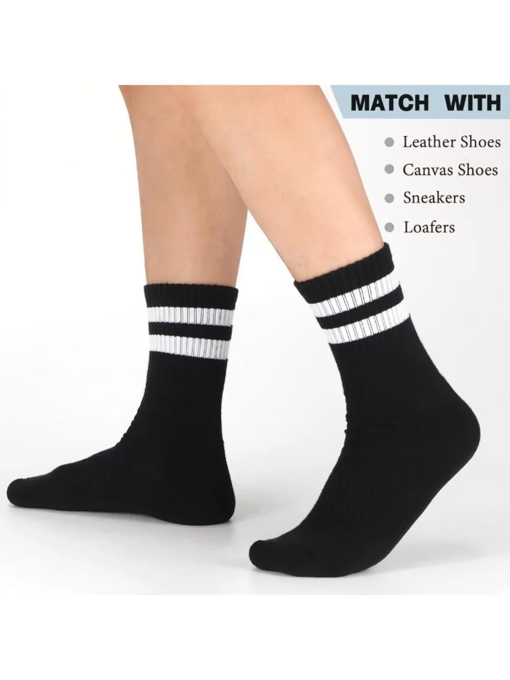 5 Pairs Striped Crew Socks - Cotton Cushioned Athletic Sports Socks for All Ages